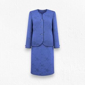 Vintage 80s Royal Blue Jacquard Floral Skirt Suit Set Formal Church Size 12P USA